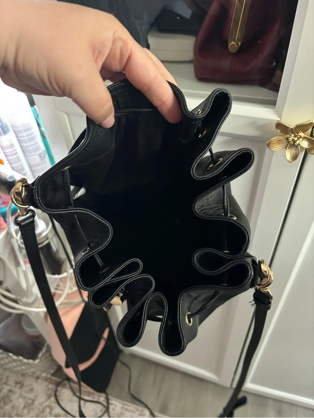 Antonio Melani Black Drawstring Leather Bucket Bag - Women's Crossbody